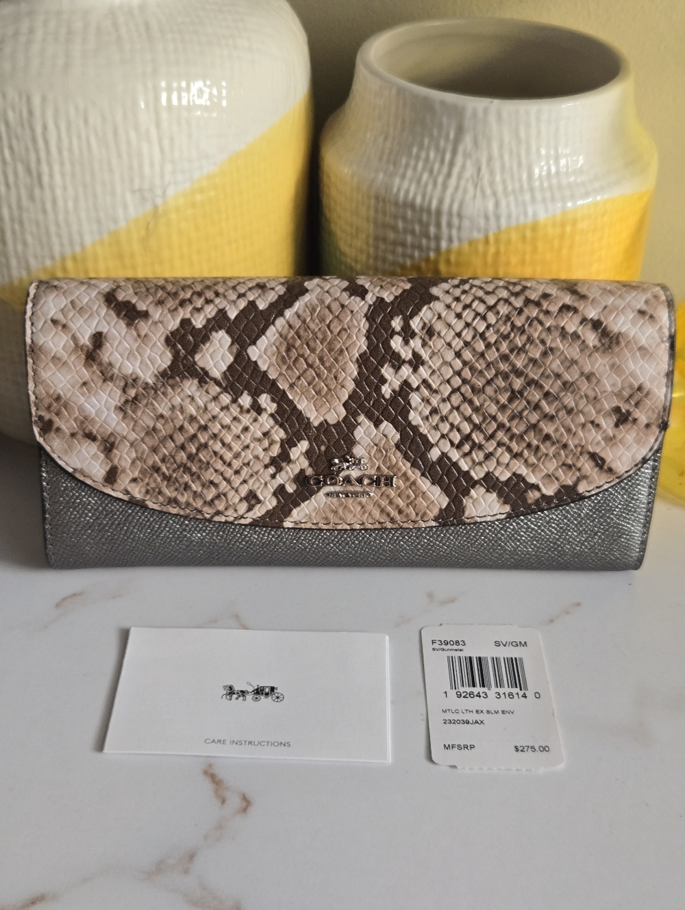 GUC Coach Snake Print Embossed Leather Continental Envelope Wallet